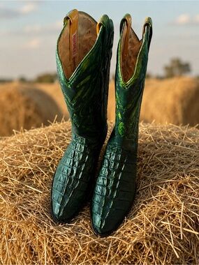 Green Embossed Leather Western Boots - Women